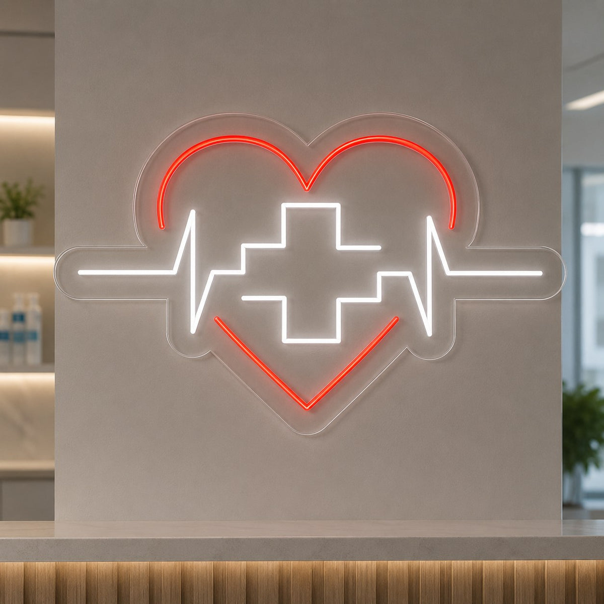 Kalp, ritim çizgisi ve sağlık artısı figürlü kırmızı beyaz neon LED tabela
