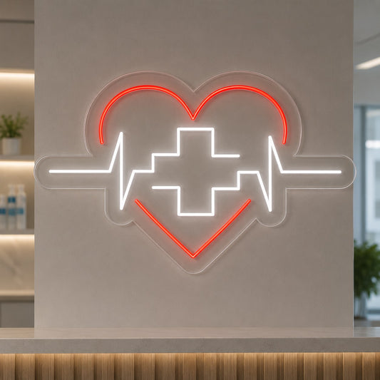 Kalp, ritim çizgisi ve sağlık artısı figürlü kırmızı beyaz neon LED tabela