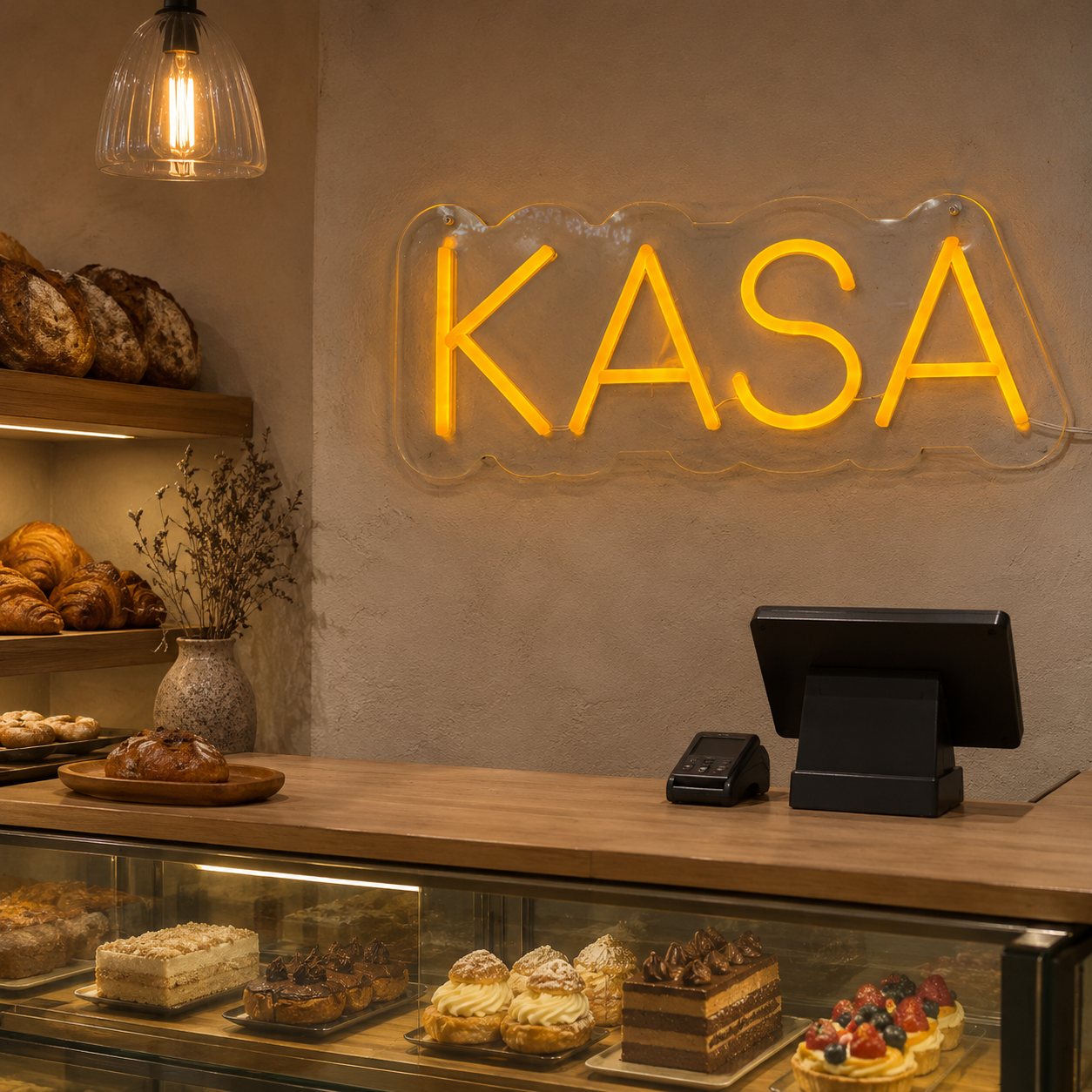 Pastane ve fırın kasasında KASA neon LED tabela