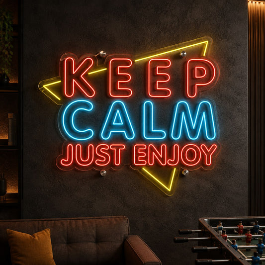 Keep Calm Just Enjoy yazılı üç renkli neon LED duvar tabelası, oyun odası ve bar için