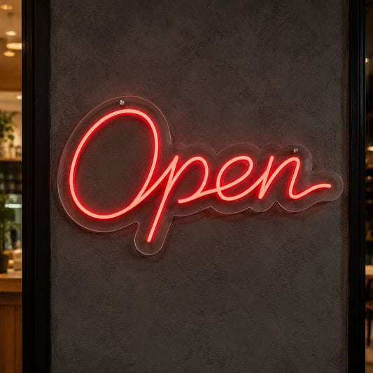 El yazısı Open yazılı kırmızı neon LED vitrin tabelası