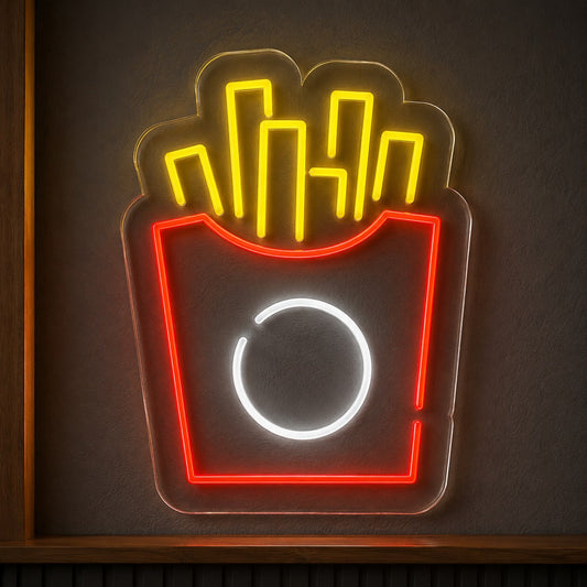 Patates kızartması figürlü kırmızı sarı neon LED tabela, fast food duvarında