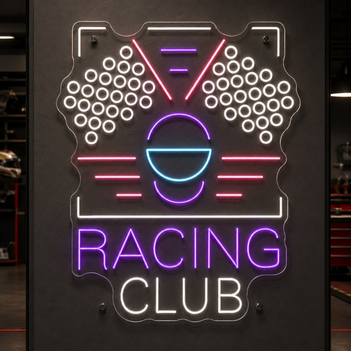 Racing Club neon LED tabela, kask ve damalı bayrak figürlü dev boy 140x115 cm