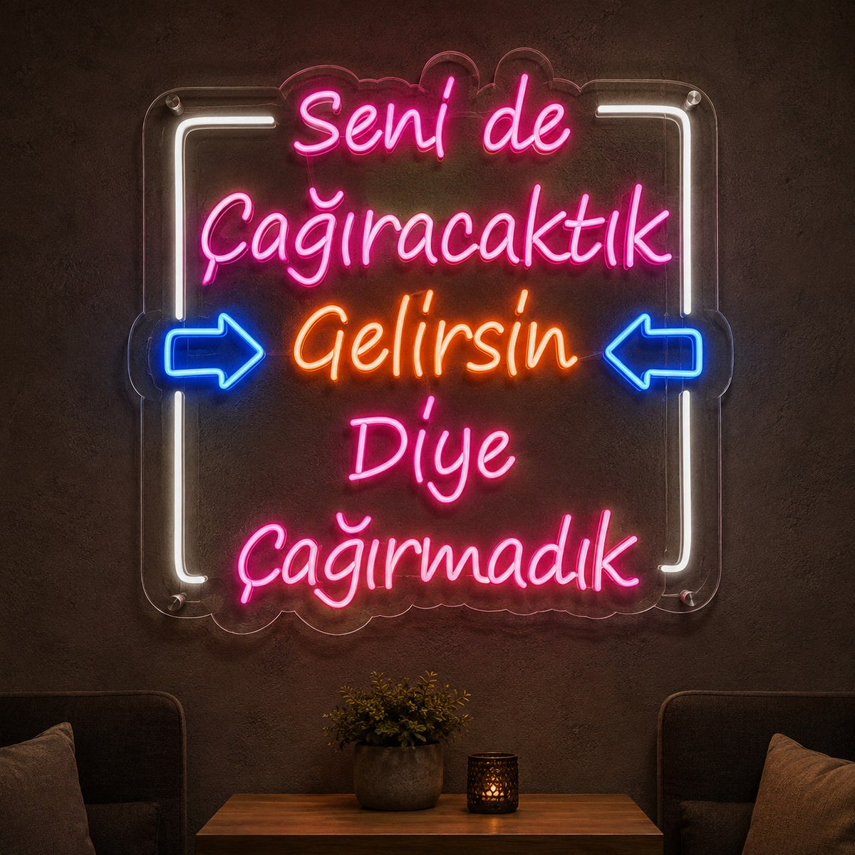 Seni de Çağıracaktık yazılı renkli neon LED kafe duvar tabelası, 70x70 cm