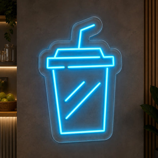 Pipetli soğuk içecek bardağı figürlü mavi neon LED tabela, kafe duvarında