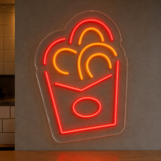 Kızarmış tavuk kovası figürlü kırmızı turuncu neon LED tabela, fast food duvarında
