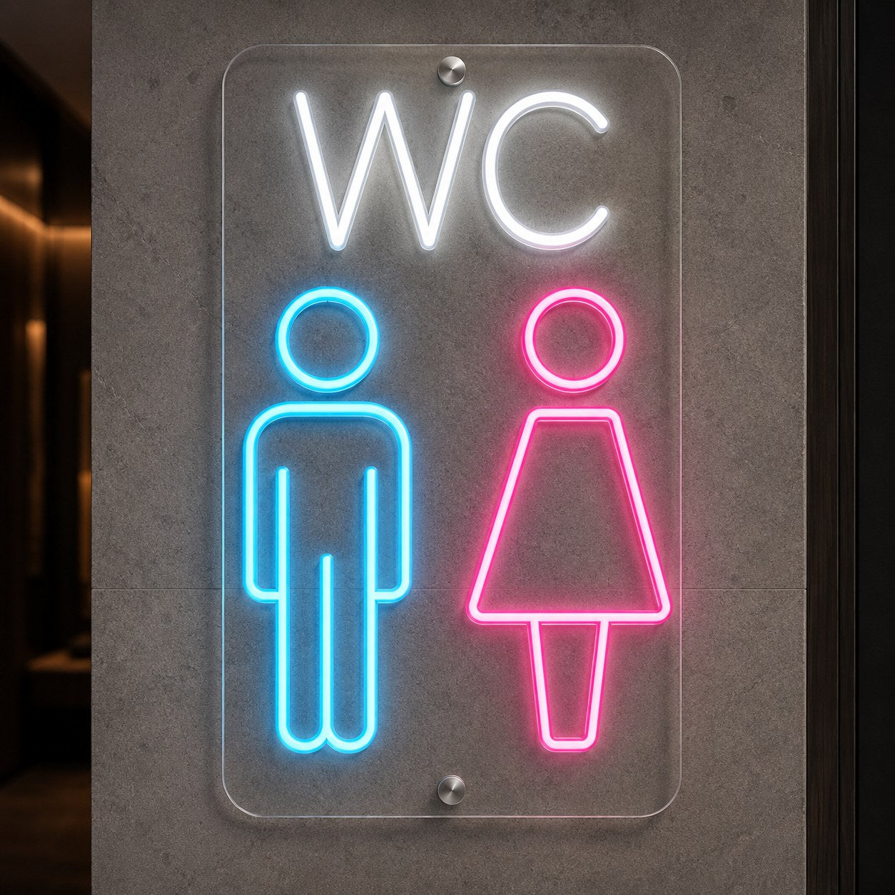 WC neon LED yönlendirme tabelası, şeffaf pleksi üzerine kadın erkek tuvalet figürleri