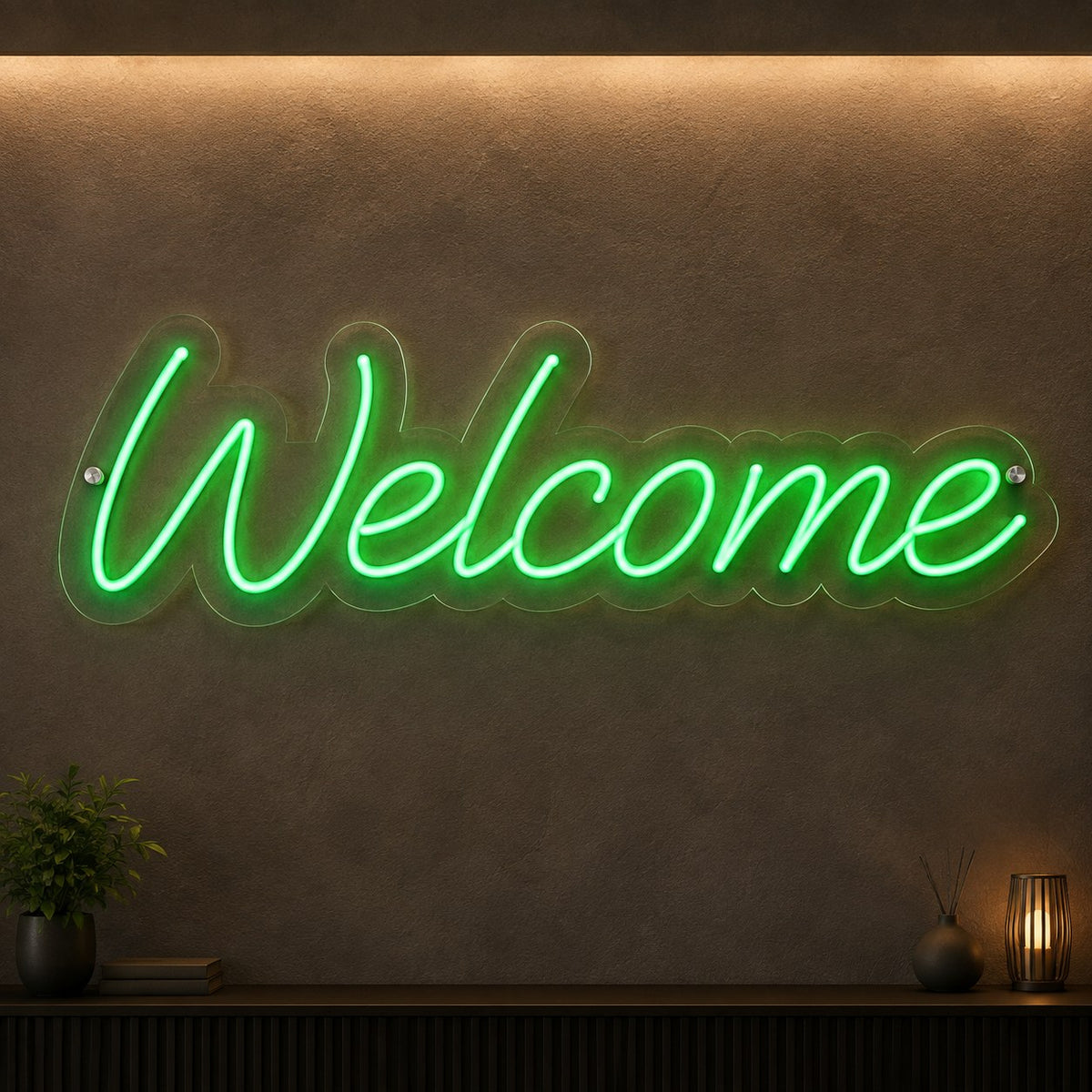 El yazısı Welcome yazılı yeşil neon LED karşılama tabelası